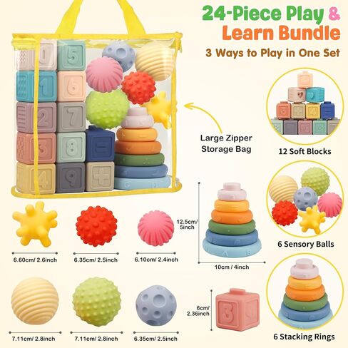 Weilim Montessori Baby Toys 18 Months+, 3-in-1 Stacking Blocks Rings Balls | 24Pcs Sensory Set. Food-grade Silicone, BPA-free. Teething & Bath Safe. Develops Motor Skills & Senses in Kuwait