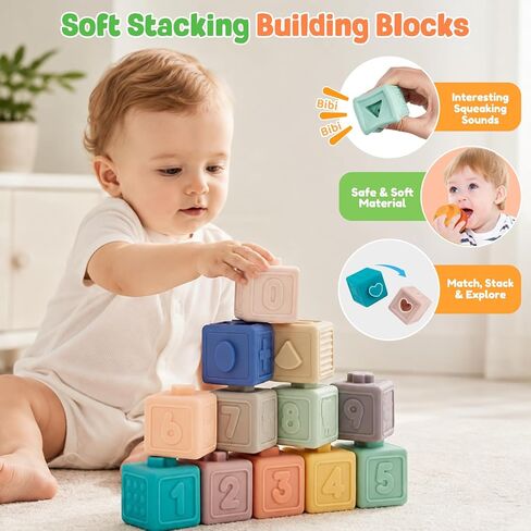 Weilim Montessori Baby Toys 18 Months+, 3-in-1 Stacking Blocks Rings Balls | 24Pcs Sensory Set. Food-grade Silicone, BPA-free. Teething & Bath Safe. Develops Motor Skills & Senses in Kuwait