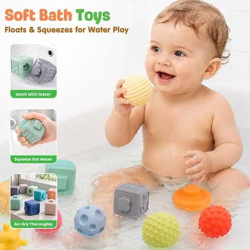 Weilim Montessori Baby Toys 18 Months+, 3-in-1 Stacking Blocks Rings Balls | 24Pcs Sensory Set. Food-grade Silicone, BPA-free. Teething & Bath Safe. Develops Motor Skills & Senses in Kuwait