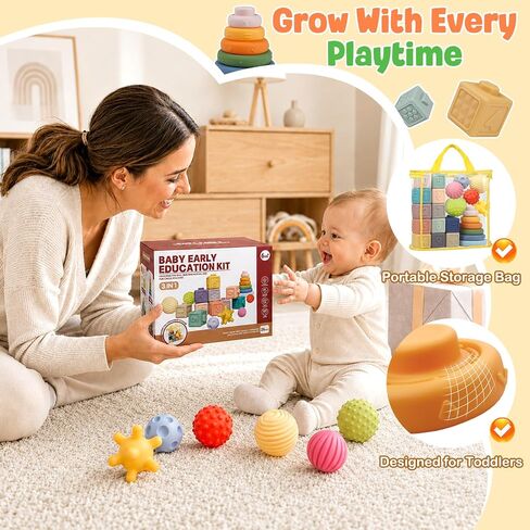 Weilim Montessori Baby Toys 18 Months+, 3-in-1 Stacking Blocks Rings Balls | 24Pcs Sensory Set. Food-grade Silicone, BPA-free. Teething & Bath Safe. Develops Motor Skills & Senses in Kuwait
