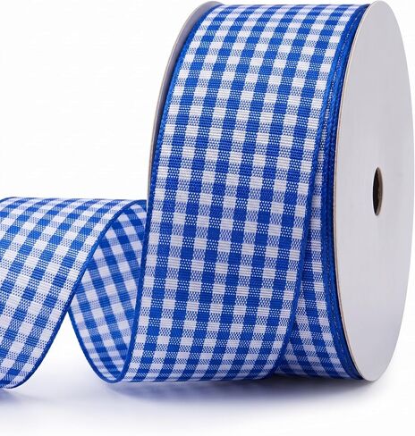Blue Plaid Ribbon Gingham Ribbon Check Ribbon 1.5 Inch 25 Yard Each Roll 100% Polyester Woven Edge for Crafts, Gift Packing, Wedding Decoration (Blue, 1.5INCH) in Kuwait