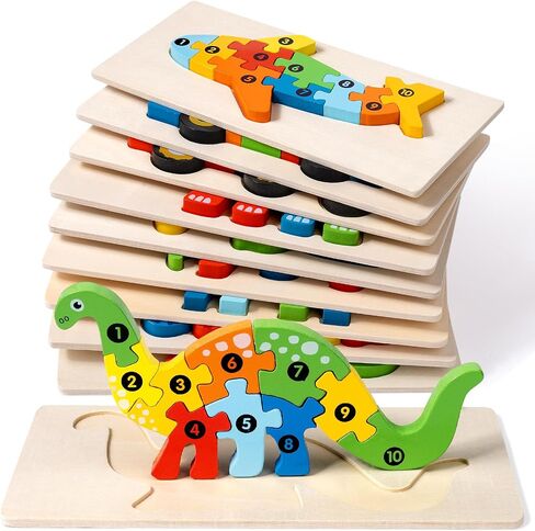 YySiRui 7 Pack Wooden Animal Toddler Puzzles for Kids Ages 3-5, Baby Montessori Toys for Kids Age 2 3 4 5 6 Years, 7 Animal Shape Learning Jigsaw Toys for 3 Year Olds for Boy Girl Ideal Gift in Kuwait