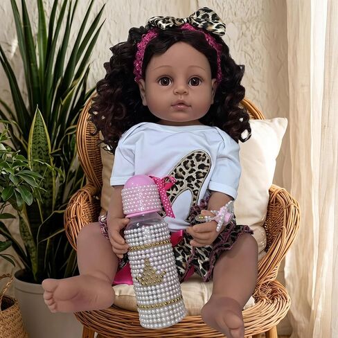 Angelbaby 22 inch Realistic African American Reborn Baby Dolls Black Girl Silicone Full Body, Weighted Washable Babies Reborn Newborn Biracial Doll for Kids Waterproof African Doll in Kuwait