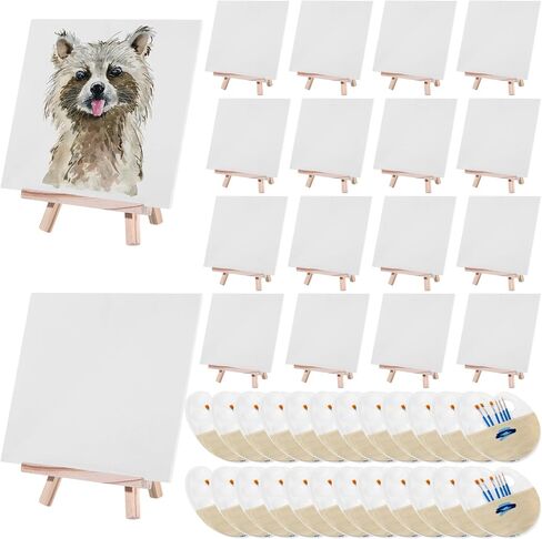 120 Pcs Painting Set with Easels Includes 12 Wood Easels, 24 Painting Canvas, 72 Nylon Hair Brushes and 12 Plastic Palettes with Thumb Hole, Art Painting Supplies Kit for Kids Adults Students in Kuwait