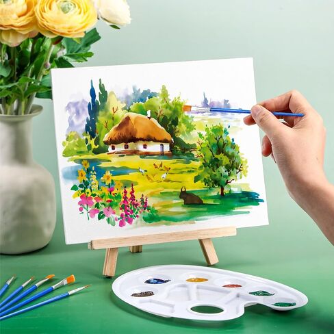 120 Pcs Painting Set with Easels Includes 12 Wood Easels, 24 Painting Canvas, 72 Nylon Hair Brushes and 12 Plastic Palettes with Thumb Hole, Art Painting Supplies Kit for Kids Adults Students in Kuwait