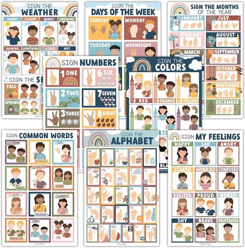 8 Farmhouse American Sign Language Poster For kids - Sign Language For Babies And Toddlers, ASL Posters For Classroom Decor, ASL Alphabet Poster, ASL Decor, Toddler Sign Language Posters For Classroom in Kuwait
