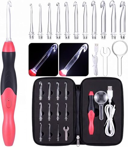 11 Sizes Lighted Crochet Hooks Set Rechargeable Crochet Hook Light Up Crochet Hooks with Case, Interchangeable Heads 2.5 mm to 8 mm for DIY Craft Supplies (Purple-Black) in Kuwait
