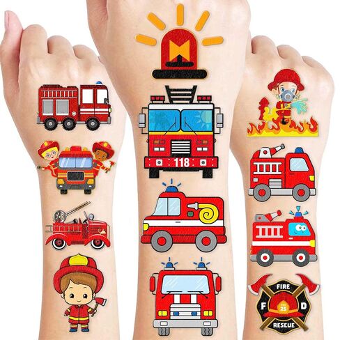 8 Sheets (96PCS) Fire Truck Temporary Tattoos Themed Firefighter Birthday Party Supplies Favors Decorations Stickers For Kids Gifts Classroom School Prizes Rewards in Kuwait