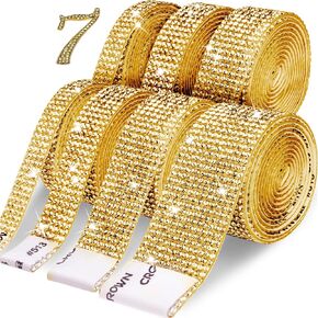Rhinestone Ribbon 7 Rolls 7 Yards Self Adhesive Diamond Bling Rhinestones Strips, Crystal Rhinestone Tape Diamond Ribbons Wrap Glittering Stickers for Crafts Arts Car DIY Decoration, Gold, 4 Size in Kuwait