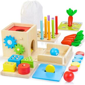 Kizfarm Wooden Montessori Baby Toys, 8-in-1 Wooden Play Kit Includes Object Permanent Box, Coin Box, Carrot Harvest, Shape Sorting & Stacking - Christmas Birthday Gift for Boys Girls Toddlers in Kuwait
