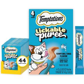 Temptations Creamy Puree with Beef Liver, Salmon, Chicken, and Tuna Variety Pack of Lickable, Squeezable Cat Treats, 0.42oz Pouches, 48 Count Variety Pack in Kuwait