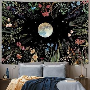 Amhokhui Moonlit Garden Tapestry Moon Tapestry Flower Tapestry Colorful Plants Tapestry Black Tapestry Floral Tapestry Wall Hanging Decor for Room in Kuwait