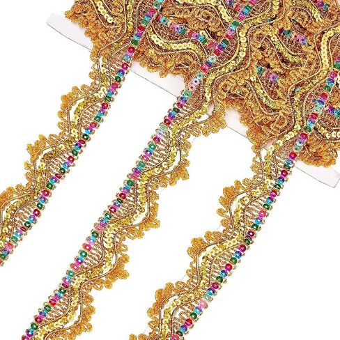 PH PandaHall 9.3 ياردة زخرفة دانتيل مطرزة، 1-3/8 بوصة (34 مم) شريط دانتيل من البوليستر المعدني، شريط دانتيل ذهبي مطرز بالخرز، شريط حرفي مزين بخياطة يدوية من قماش الخياطة لحفلات الزفاف in Kuwait