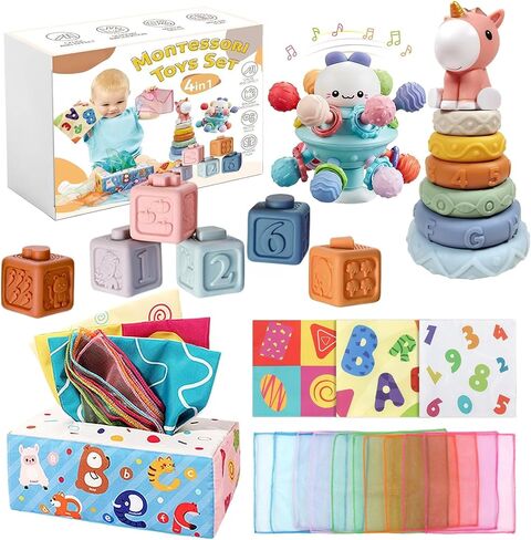 Baby Toys for 12-18 Months, Montessori Toys for 1 Year Old | Shape Sorter, Stacking Rings, Sensory Baby Blocks, Educational Montessori Toys for 12+ Months, Neutral Baby Birthday Gift Set in Kuwait