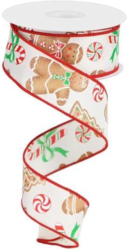 Gingerbread with Candy Wired Edge Ribbon - 10 Yards (Ivory, 1.5") in Kuwait
