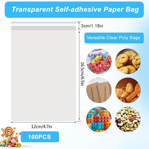 Ericotry 100 Pcs 4 3/4in. X 6 1/2in. Clear Resealable Cello/Cellophane Bags Good for Bakery Candy Chocolate Candle Cookie Poly Bags Jelly Packaging Bags in Kuwait