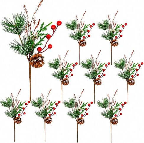 Pinecone Christmas Berry Floral Bendable Stem - Set of 10 - Frosted Pine Cone Red Berries and Greenery - Holiday Wreaths Centerpieces Crafts DIY Project Accessories Each measures 12.5"H in Kuwait