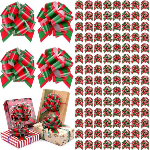 Zeyune 48 Pieces 6 Inch Christmas Pull Bows for Gift Wrapping, Gift Striped Bows Ribbon Wrapping Pull Bows Pull String Bows for Presents, Gift Baskets, Holiday Birthday Decor(Red, Green, Gold) in Kuwait