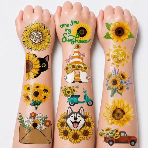 Sunflower Temporary Tattoos First Birthday Party Decorations Supplies Favors 96 PCS 8 Sheets Cute Fake Tattoo Stickers Party Games For Children Kids Boys Girls School Gifts Rewards Home Activity in Kuwait