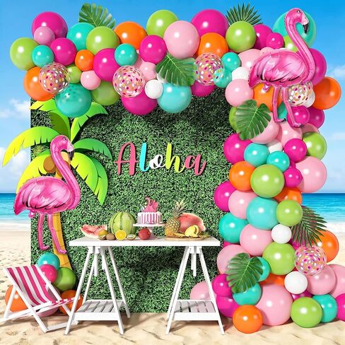 137Pcs Tropical Balloon Arch Garland Kit, Flamingo Luau Balloons of Hot Pink Rose Gold Fruit Green Blue & Palm Leaves for Tropical Party Decorations Hawaiian Aloha Birthday Wedding Decor in Kuwait