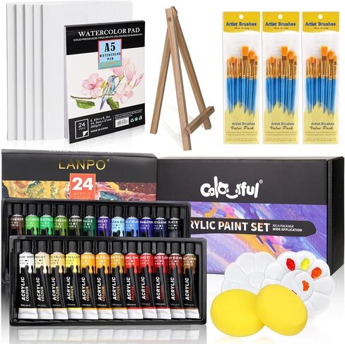 Colorful Acrylic Painting Art Kit - Includes Acrylic Paints, Painting Paper, Canvas, 10-Well Palette and Paint Brushes - Perfect Choice for Children's Art Tools to Spark Creativity and Learn Painting in Kuwait