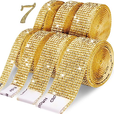 Rhinestone Ribbon 7 Rolls 7 Yards Self Adhesive Diamond Bling Rhinestones Strips, Crystal Rhinestone Tape Diamond Ribbons Wrap Glittering Stickers for Crafts Arts Car DIY Decoration, Gold, 4 Size in Kuwait