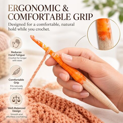 Ommi Ergonomic Handle Crochet Hooks | Handcrafted 6.7’’ Mango Wood Crochet Hook | Knitting Needle, Craft Yarn Weave | Best Gift! (4 mm, Orange and Wood) in Kuwait