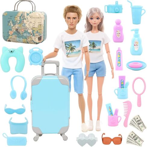 Miunana 29pcs Doll Travel Clothes and Accessories Blue Trunk Suitcase 2 Girl Doll Clothes 1 Boy Doll Clothes 8 Life Accessories 12 Wash Accessories Telescope Sunglasses （Not Include Doll） in Kuwait