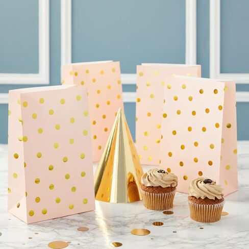 Party Treat Bags - 24-Pack Gift Bags Party Supplies, Paper Favor Bags, Recyclable Goodie Bags for Birthdays, Weddings, Baby Showers, Gold Foil Dots Confetti Design, White, 5.5 x 8.6 x 3 Inches in Kuwait