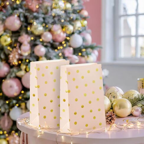 Party Treat Bags - 24-Pack Gift Bags Party Supplies, Paper Favor Bags, Recyclable Goodie Bags for Birthdays, Weddings, Baby Showers, Gold Foil Dots Confetti Design, White, 5.5 x 8.6 x 3 Inches in Kuwait