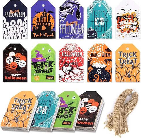 Koogel 160PCS Halloween Paper Tags, Favor Gift Tags Halloween Theme Tags with Strings for Halloween Party Candy Bag Hanging Decoration in Kuwait