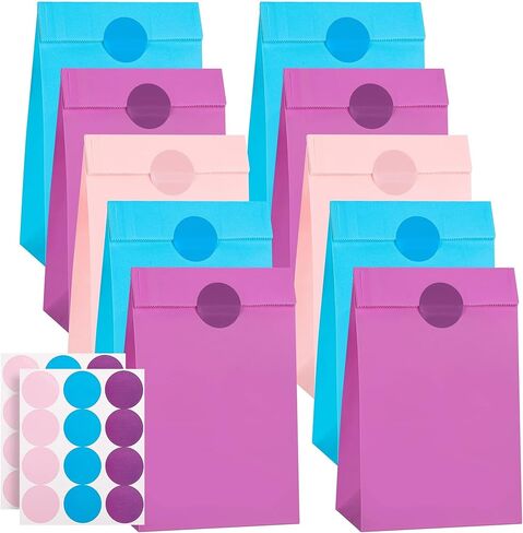 Cooraby 30 Pieces 5.1 x 3.1 x 9.4 Inches Colorful Kraft Paper Bags with 48 Stickers Party Treat for Wedding, Celebration, Birthday Party Supplies (Sky Blue, Light Purple, Pink) in Kuwait