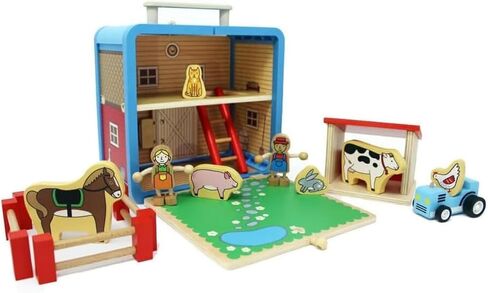 Jack Rabbit Creations Suitcase Playset (Barnyard Design) 16 Piece Set – Portable Play Toys – Includes Farmer, Animals, Tractor – Made of Eco-Friendly Bamboo - Ages 3+ Years in Kuwait
