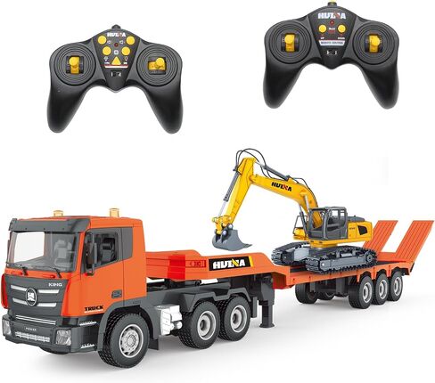 Fistone RC Semi Truck & Excavator Toy Set, 2.4Ghz Remote Control Flatbed Truck with Excavator Toys, 1:24 RC Semi-Trailer Engineering Tractor with Sound and Lights, Construction Vehicles Toy for Boys in Kuwait