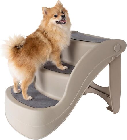Pet Stairs - Durable Dog Stairs for Small Dogs with 3-Step Design and Safety Locking Pins - Cat or Dog Steps for Home and Vehicle by PETMAKER (Tan) in Kuwait