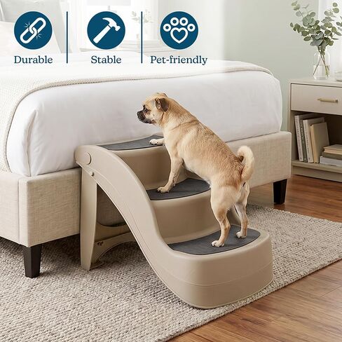 Pet Stairs - Durable Dog Stairs for Small Dogs with 3-Step Design and Safety Locking Pins - Cat or Dog Steps for Home and Vehicle by PETMAKER (Tan) in Kuwait