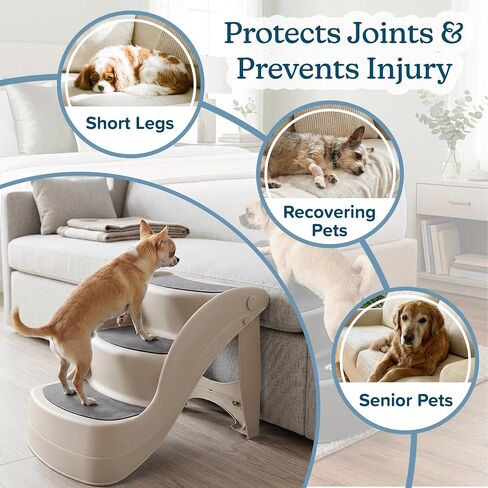 Pet Stairs - Durable Dog Stairs for Small Dogs with 3-Step Design and Safety Locking Pins - Cat or Dog Steps for Home and Vehicle by PETMAKER (Tan) in Kuwait