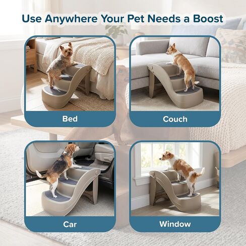 Pet Stairs - Durable Dog Stairs for Small Dogs with 3-Step Design and Safety Locking Pins - Cat or Dog Steps for Home and Vehicle by PETMAKER (Tan) in Kuwait