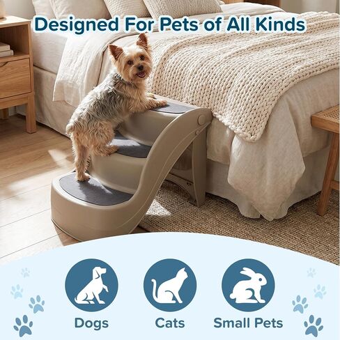 Pet Stairs - Durable Dog Stairs for Small Dogs with 3-Step Design and Safety Locking Pins - Cat or Dog Steps for Home and Vehicle by PETMAKER (Tan) in Kuwait