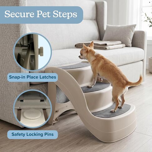Pet Stairs - Durable Dog Stairs for Small Dogs with 3-Step Design and Safety Locking Pins - Cat or Dog Steps for Home and Vehicle by PETMAKER (Tan) in Kuwait