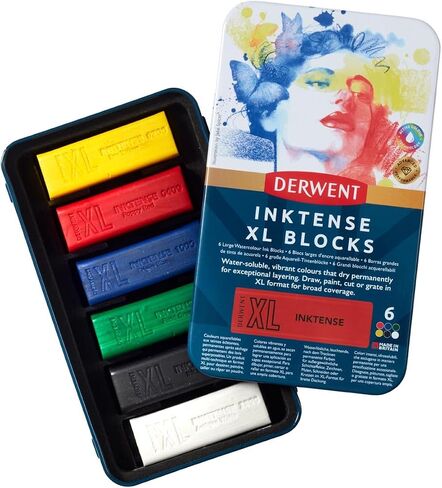 Derwent Inktense XL Blocks 6 Tin, Set of 6, 60mm Extra-Large Block, Water-soluble, Ideal for Sketching, Drawing and Expressive Mark Making, Professional Quality (2306161) in Kuwait