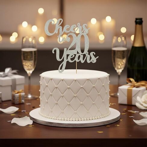 Cheers to 20 Years Cake Topper - 20th Birthday/Anniversary Party Decorations - Double Sided Silver Glitter in Kuwait