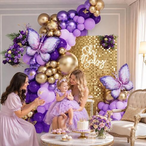 Purple Butterfly Balloon Garland Arch Kit, 158pcs Purple Chrome Gold Balloons with Butterfly Foil Balloons for Girl Birthday Baby Shower Party Supplies Bridal Shower Wedding Decoration (Purple) in Kuwait