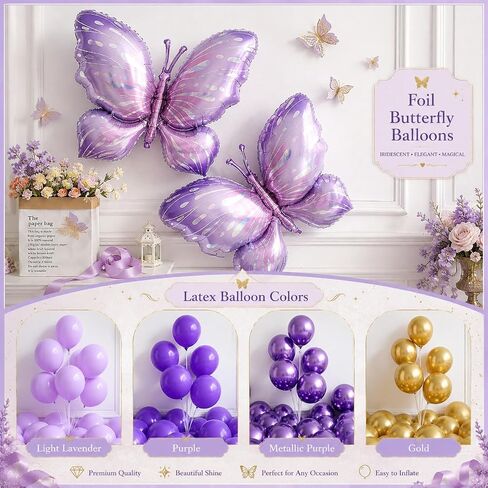 Purple Butterfly Balloon Garland Arch Kit, 158pcs Purple Chrome Gold Balloons with Butterfly Foil Balloons for Girl Birthday Baby Shower Party Supplies Bridal Shower Wedding Decoration (Purple) in Kuwait