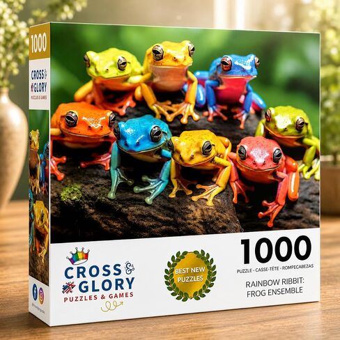 Rainbow Ribbit: Frog Ensemble - 1000 Piece Jigsaw Puzzle - Vibrant Eco-Friendly Puzzle - Premium Quality - Unique Artwork for Adults - by Cross & Glory in Kuwait