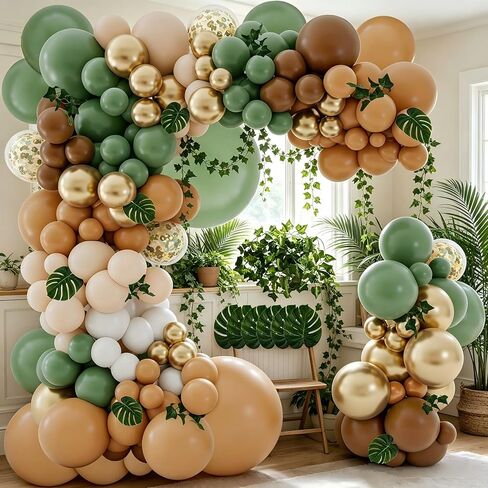 iLaFm 142PCS Sage Green Brown Balloon Garland Kit Jungle Safari Wild Woodland Balloon Arch Olive Green Gold Coffee Cocoa Balloons for Wedding Birthday Shower Party Decorations in Kuwait