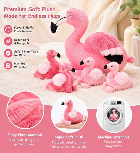 Qpewep 21Inch Flamingo Stuffed Animal Toys with 4 Babies Soft Plush Flamingo Inside Pink Plushie Machine Washable for Kids Birthday Toddlers Kids Zoo Flamingo Party Decor Easter Gift in Kuwait