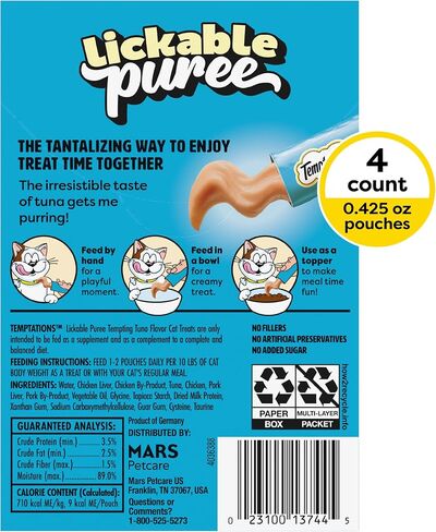 Temptations Creamy Puree with Beef Liver, Salmon, Chicken, and Tuna Variety Pack of Lickable, Squeezable Cat Treats, 0.42oz Pouches, 48 Count Variety Pack in Kuwait