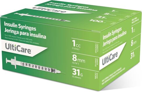 UltiCare U-100 Insulin Syringes, Comfortable and Accurate Dosing of Insulin, Compatible with Any U-100 Strength Insulin, Size: 1cc, 31G x 8mm, 100 ct Box in Kuwait