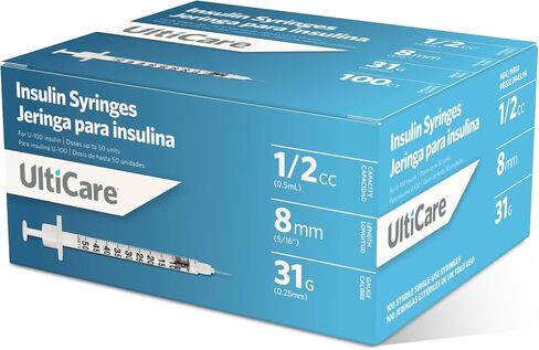 UltiCare U-100 Insulin Syringes, Comfortable and Accurate Dosing of Insulin, Compatible with Any U-100 Strength Insulin, Size: 1cc, 31G x 8mm, 100 ct Box in Kuwait
